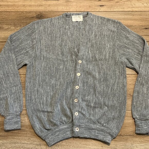 Men's VTG Jeff Links Knit Cardigan SZ LARGE Gray USA Made Button Front Grandpa - Picture 2 of 11